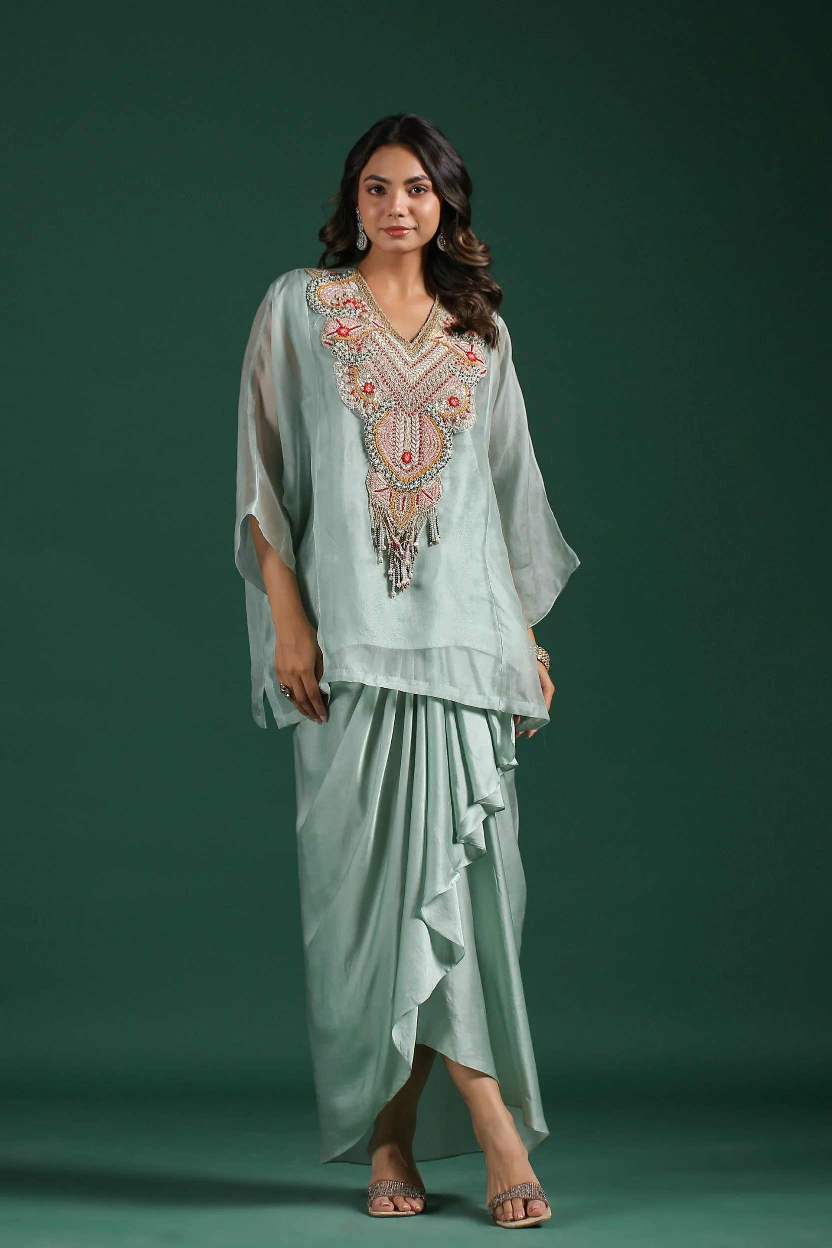 Pastel Blue Embroidered Draped Skirt Set