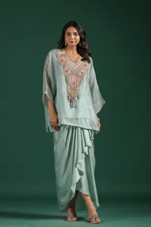 Pastel Blue Embroidered Draped Skirt Set