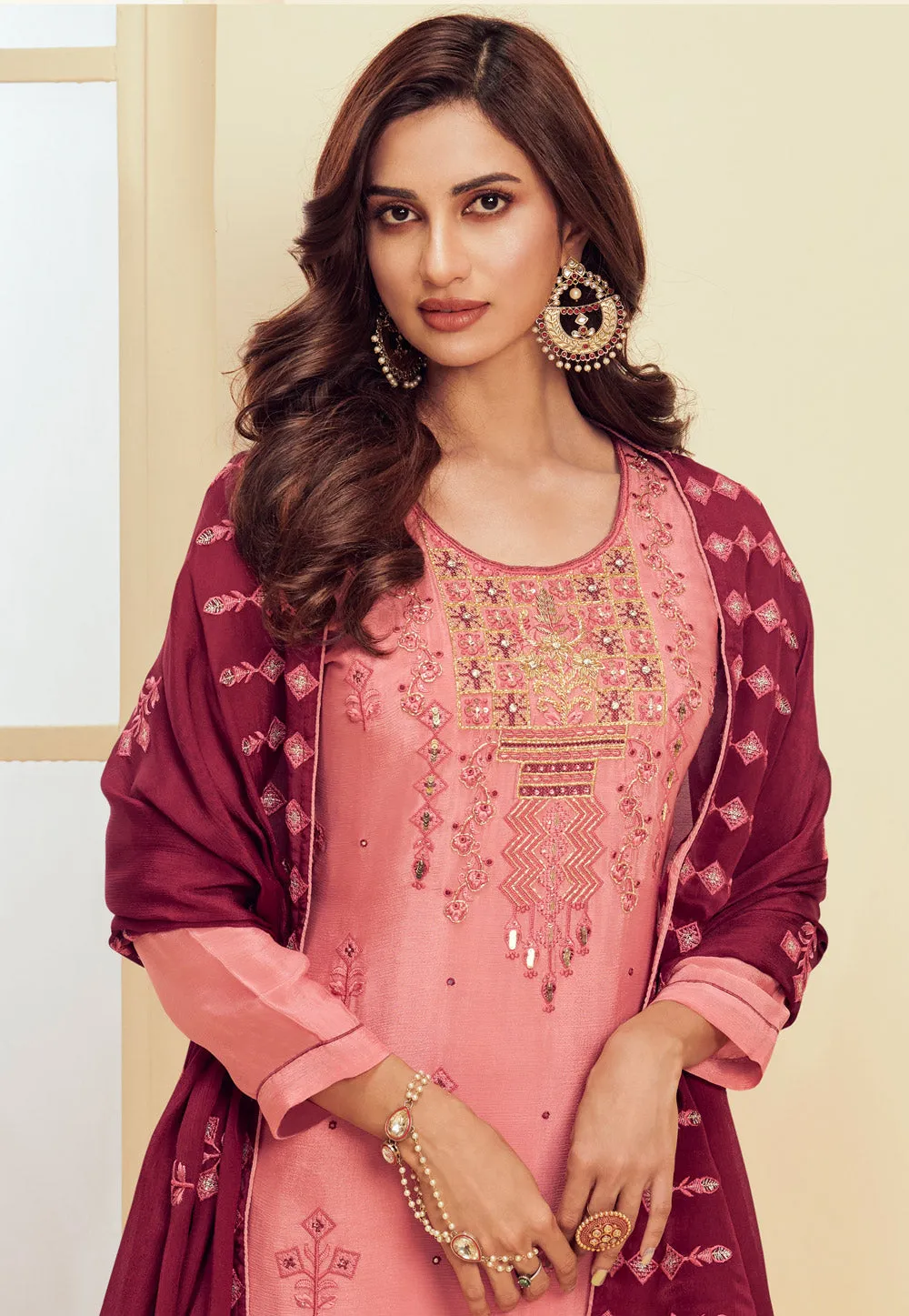 Pink Floral Embroidered Pakistani Pant Suit