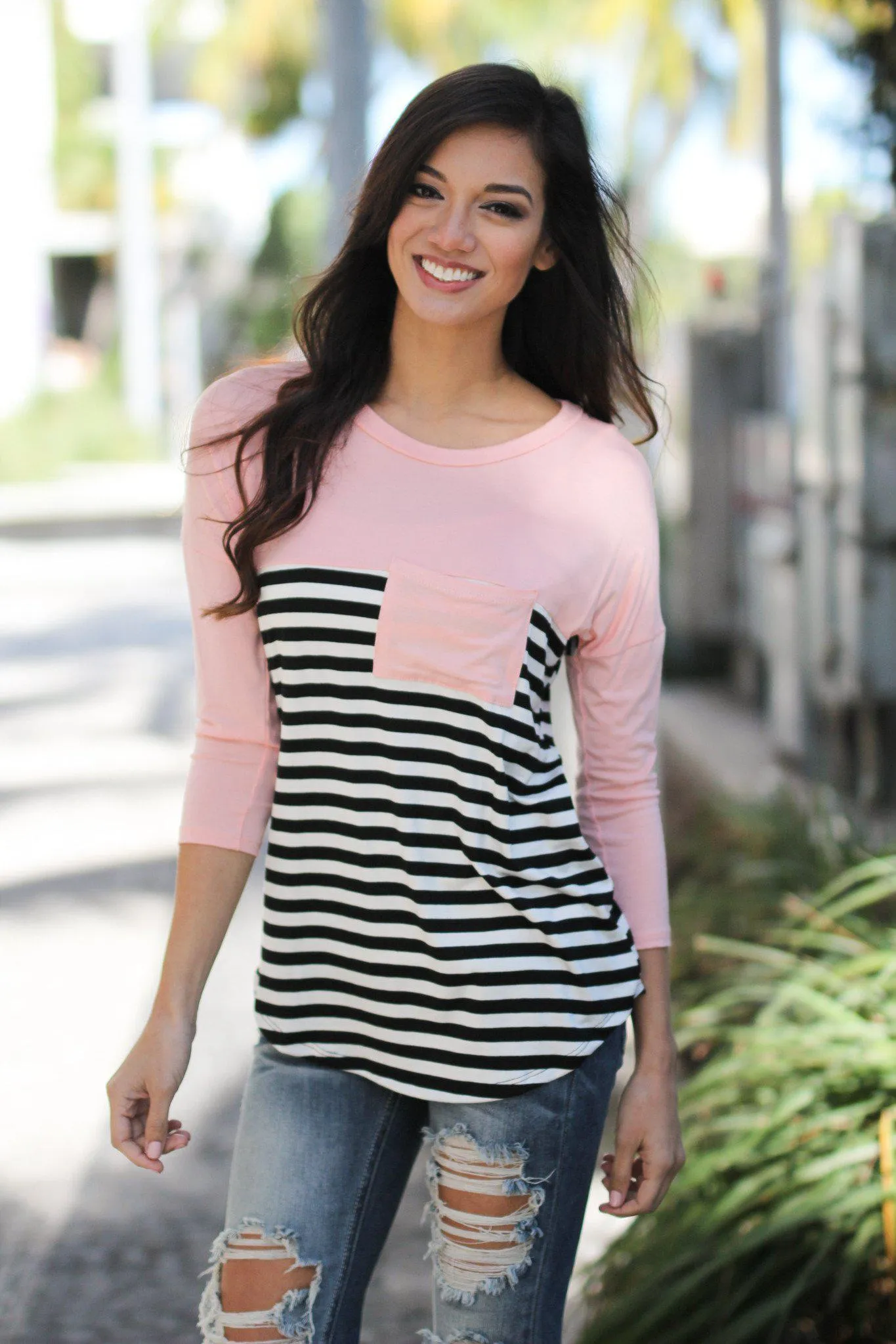 Pink Striped Top with Pocket