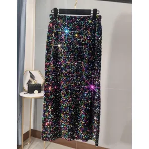 Pre Order:  Sequined Mid-Length Slit Skirt