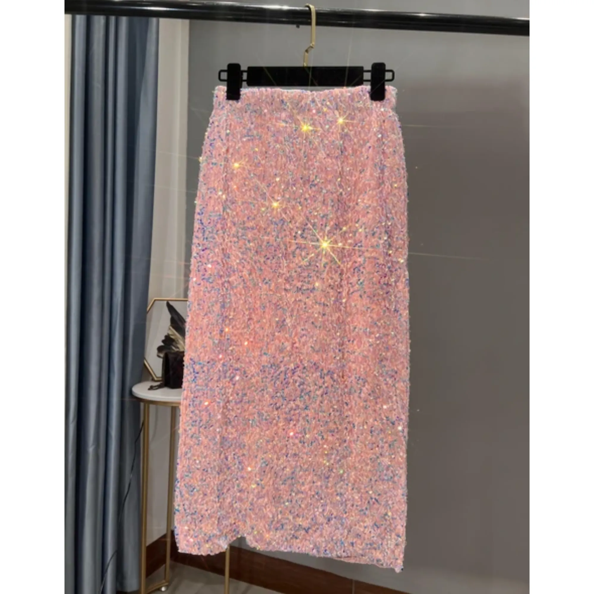 Pre Order:  Sequined Mid-Length Slit Skirt