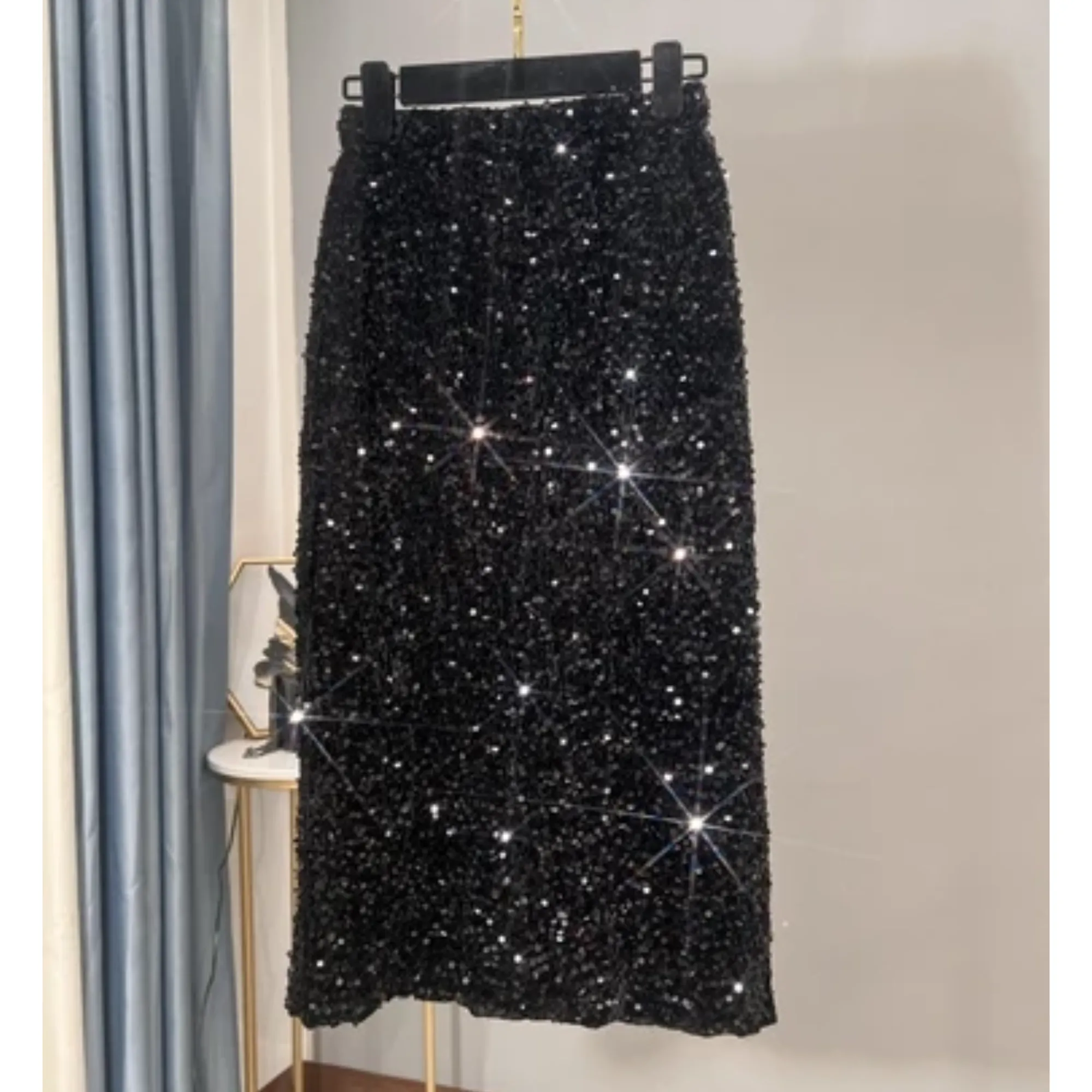 Pre Order:  Sequined Mid-Length Slit Skirt