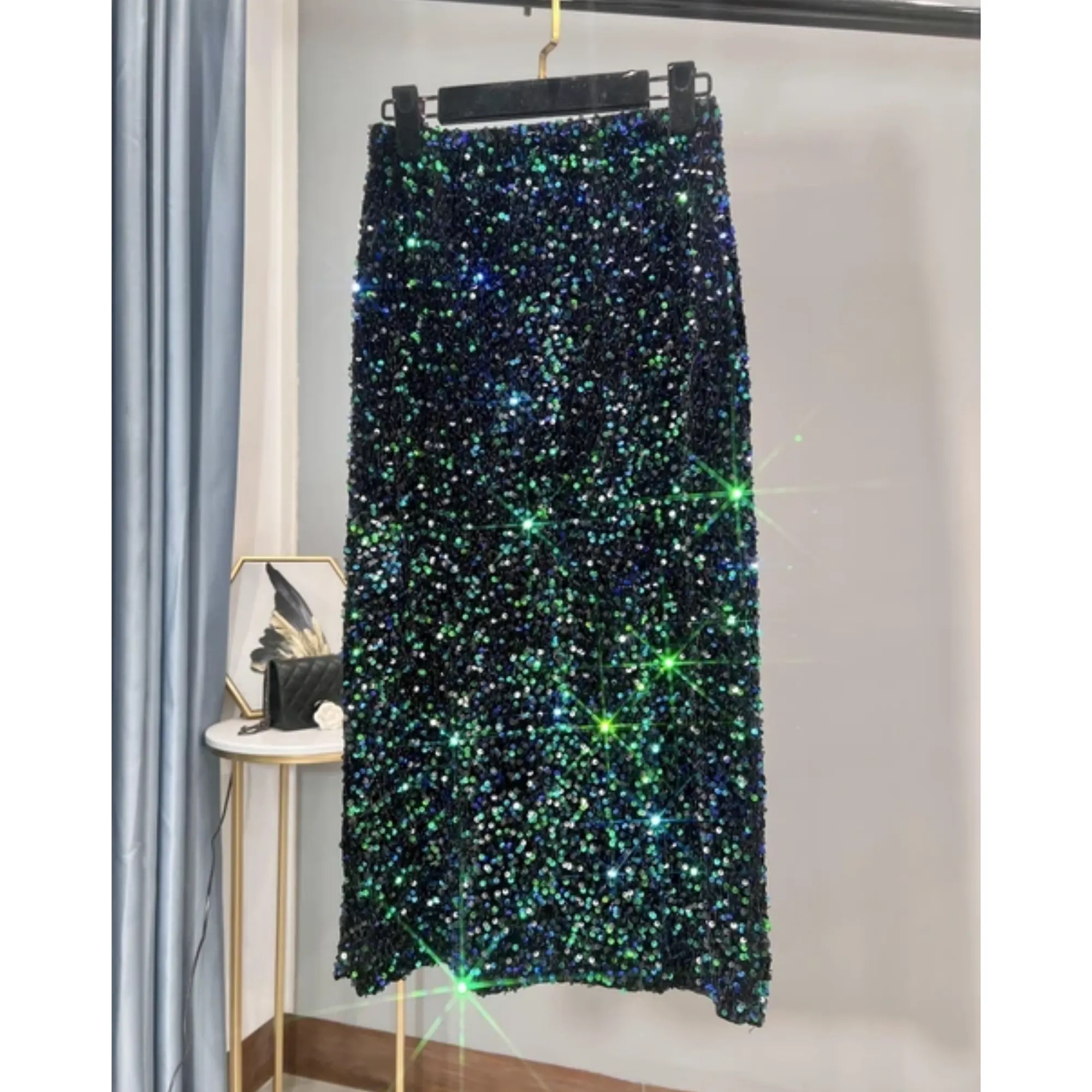 Pre Order:  Sequined Mid-Length Slit Skirt