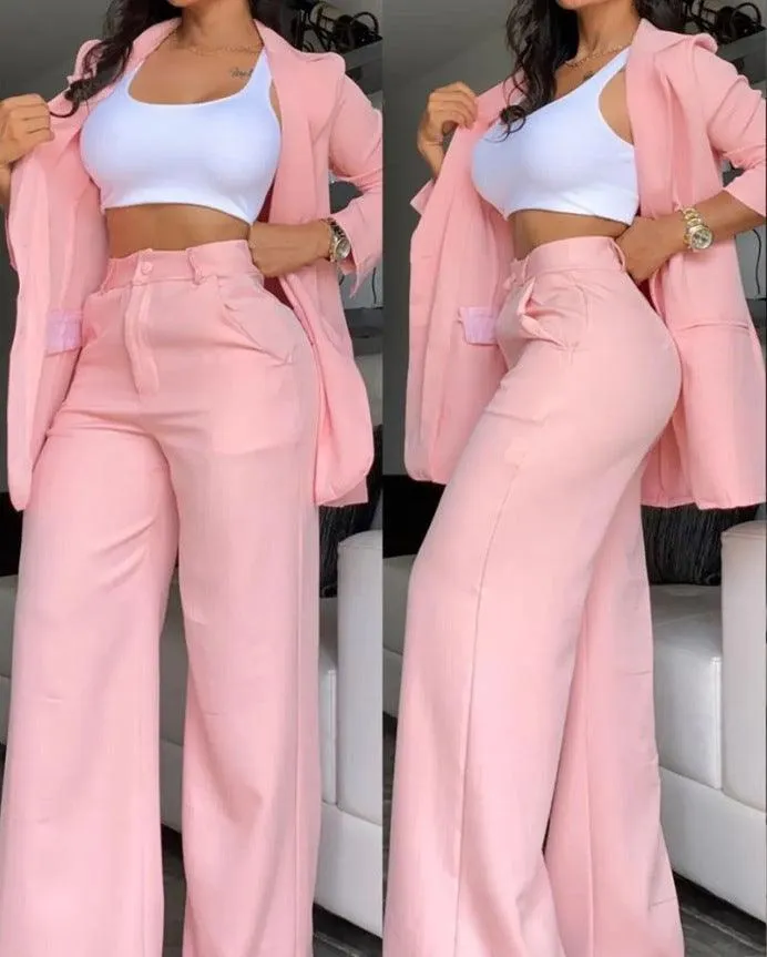 Pure Color Split Sleeve Lapel Suit Straight-leg Pants Suit Women