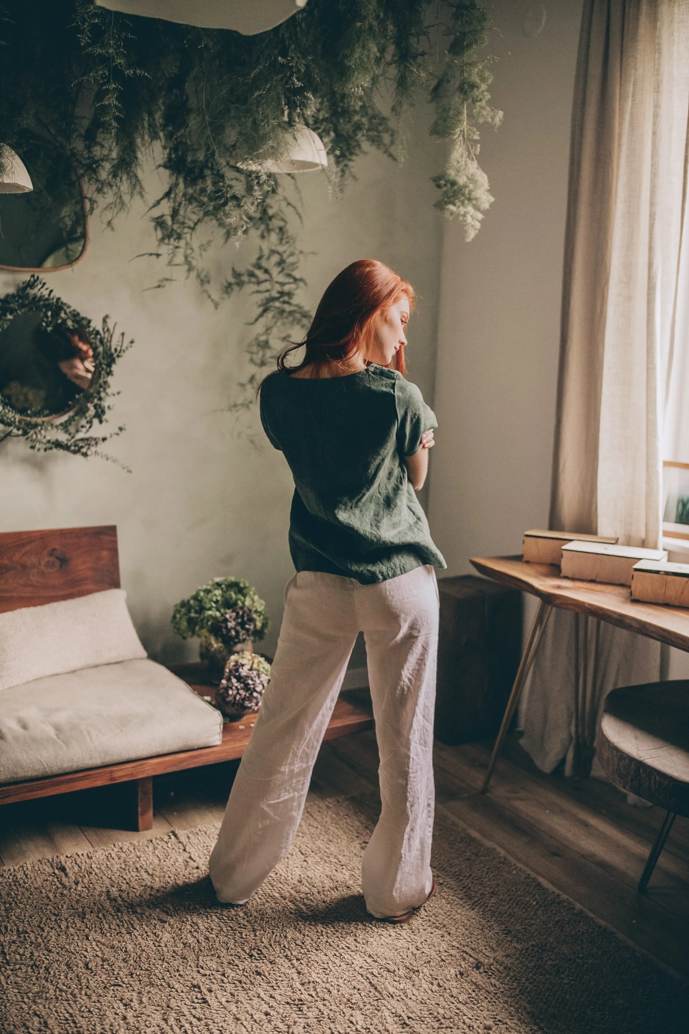 Relaxed Linen Shirt Top with V-Neck