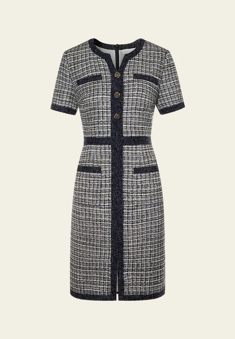 Rose Sculpted-button Contrast-trim Checked Dress