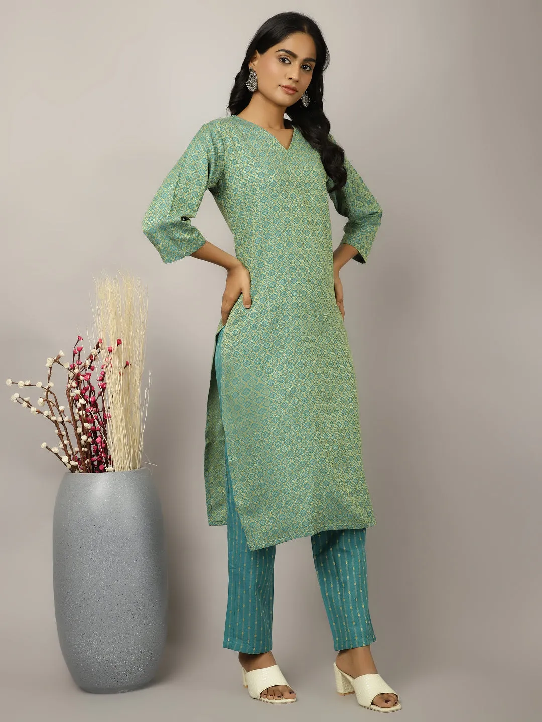 Sea Green Self-Design Festive Suit Set