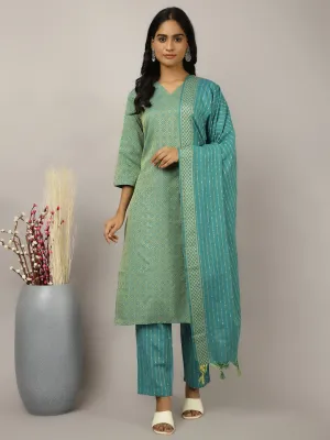 Sea Green Self-Design Festive Suit Set