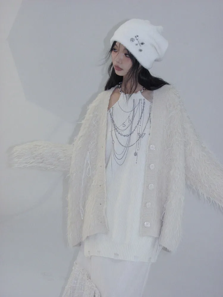 Shaggy Touch Lace Up Loose Knitted Cardigan【s0000004391】