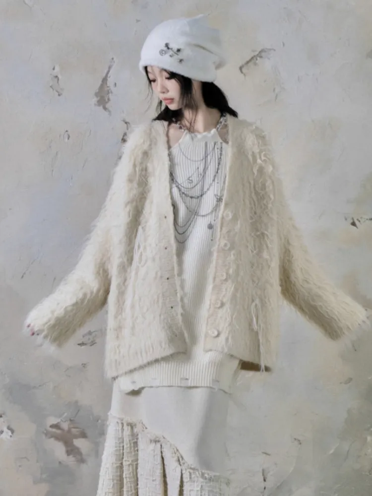 Shaggy Touch Lace Up Loose Knitted Cardigan【s0000004391】