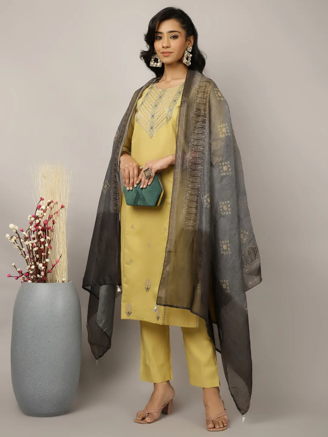 Silk Blend Yellow Embroidered Suit Set