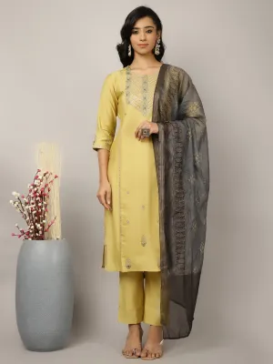 Silk Blend Yellow Embroidered Suit Set