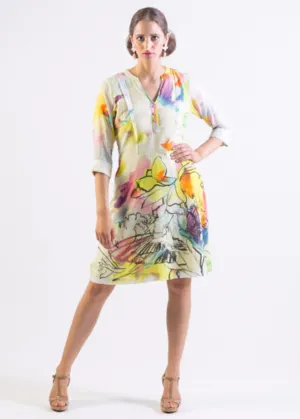 Silk/ Cotton abstract bird print fit & flare dress