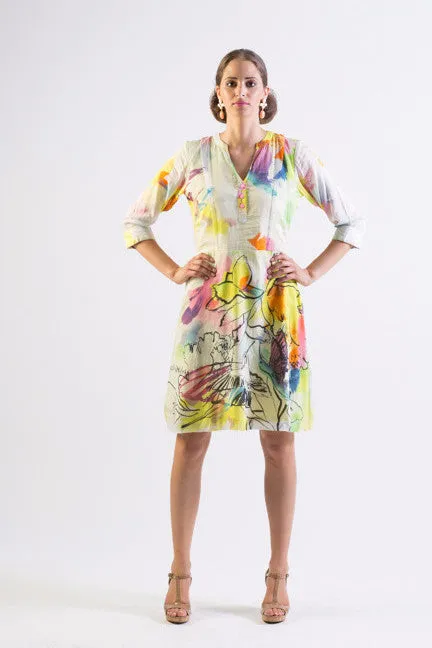 Silk/ Cotton abstract bird print fit & flare dress