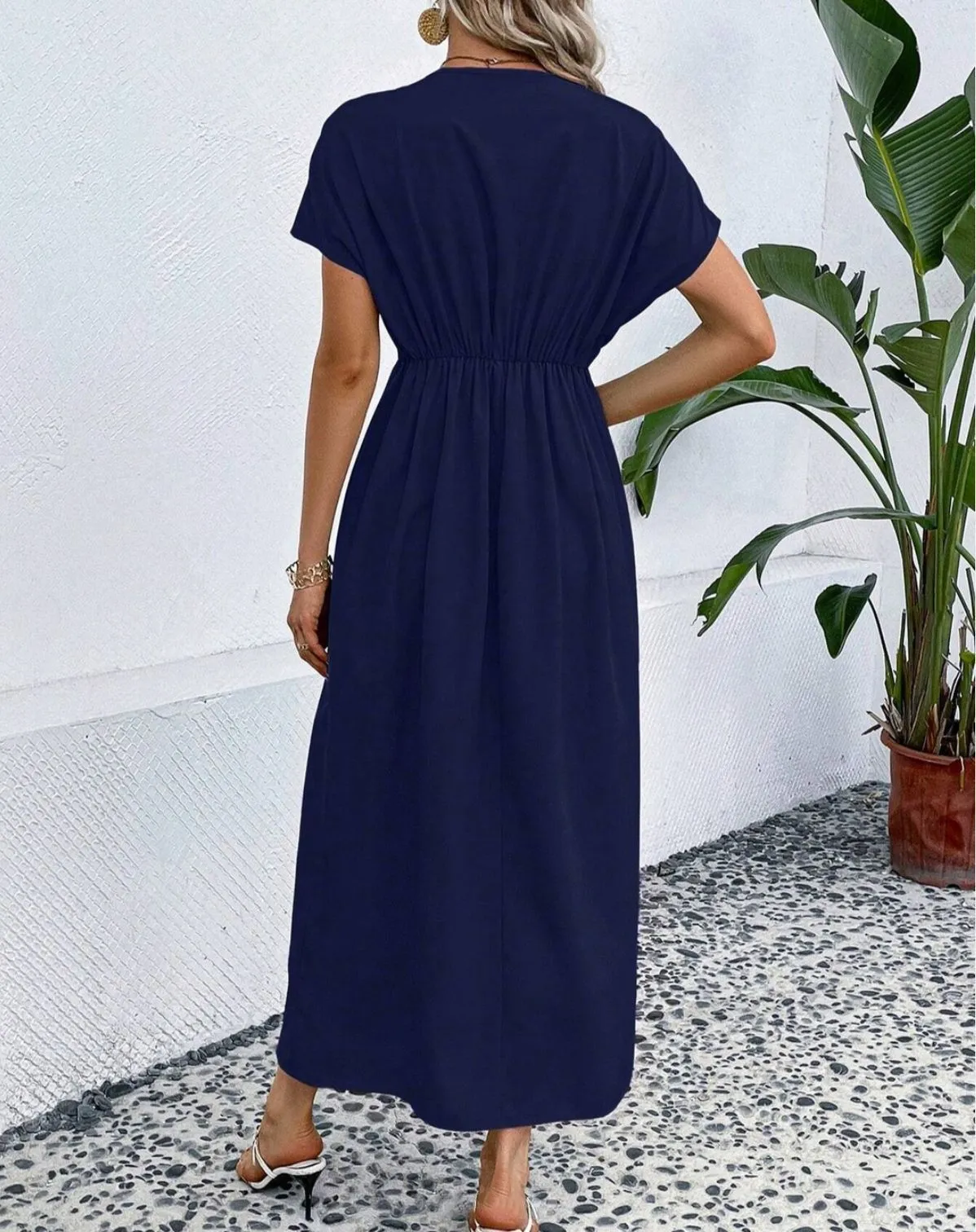 Solid Color Deep V Shoulder Sleeve Folding Elastic Waist Long Dress