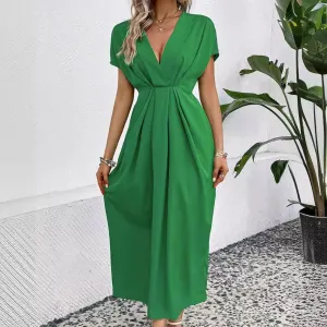 Solid Color Deep V Shoulder Sleeve Folding Elastic Waist Long Dress