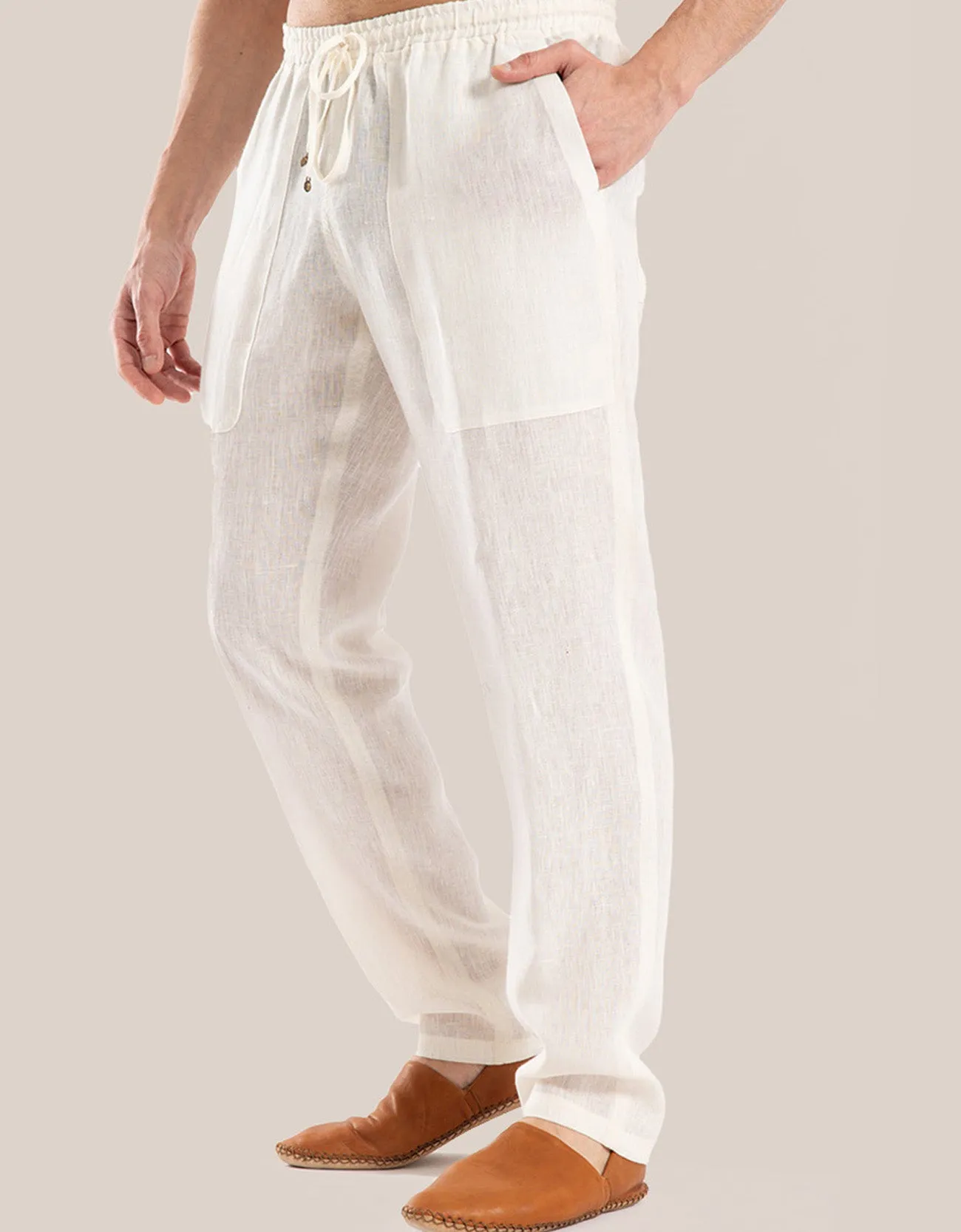 Straight leg linen pants with elastic waistline