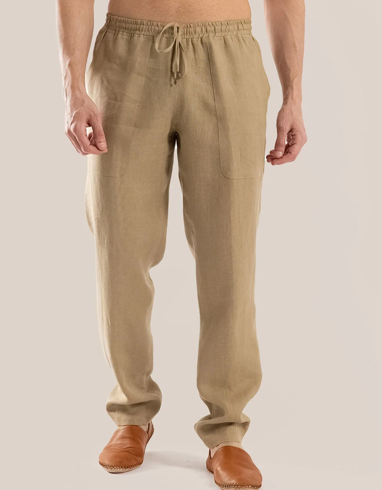 Straight leg linen pants with elastic waistline