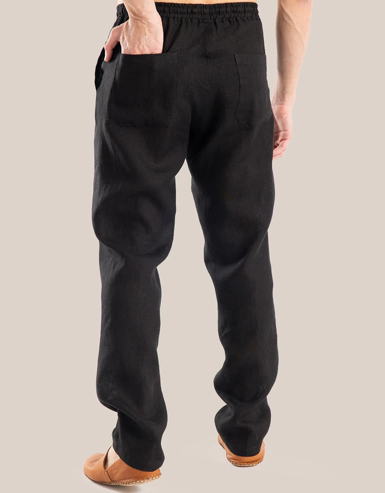 Straight leg linen pants with elastic waistline