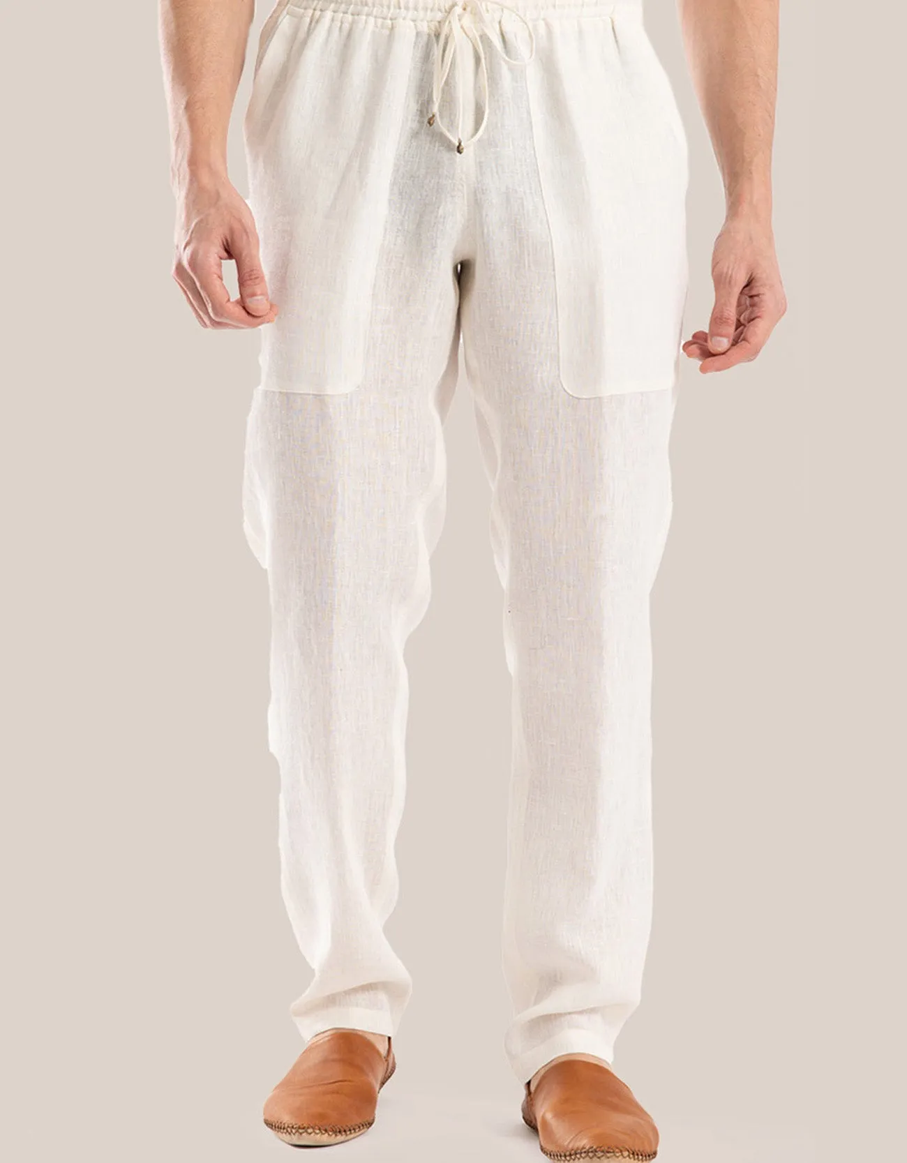 Straight leg linen pants with elastic waistline