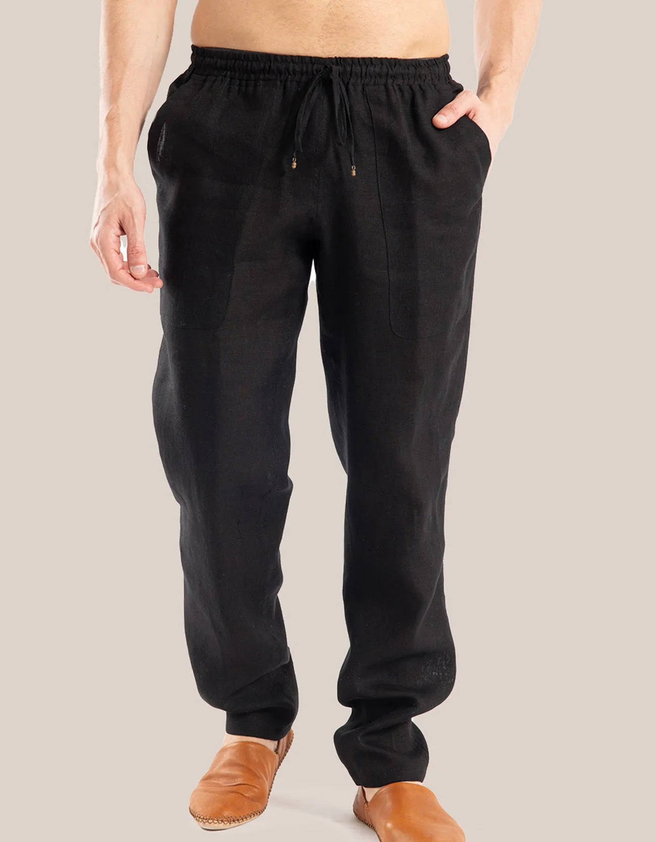 Straight leg linen pants with elastic waistline