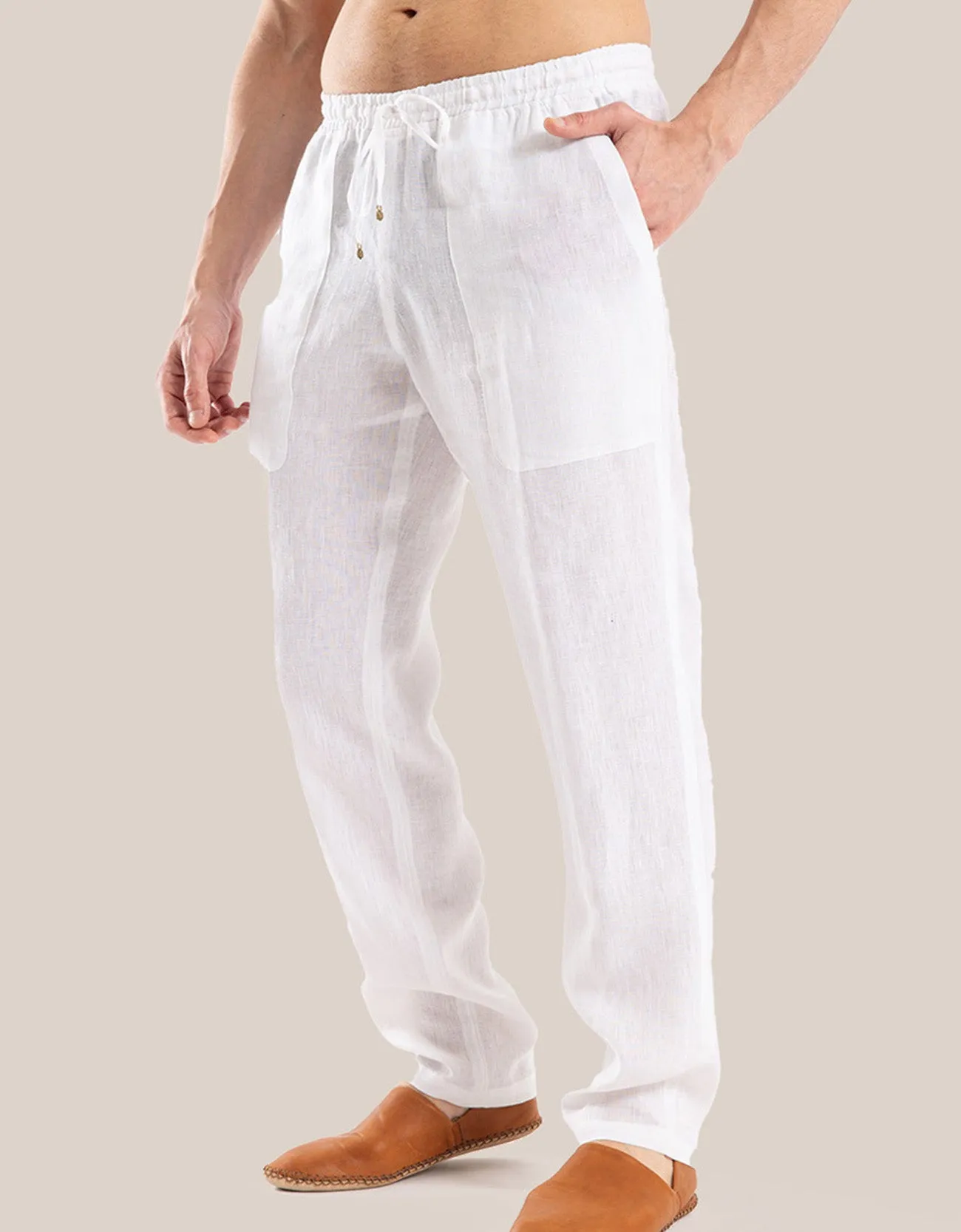 Straight leg linen pants with elastic waistline