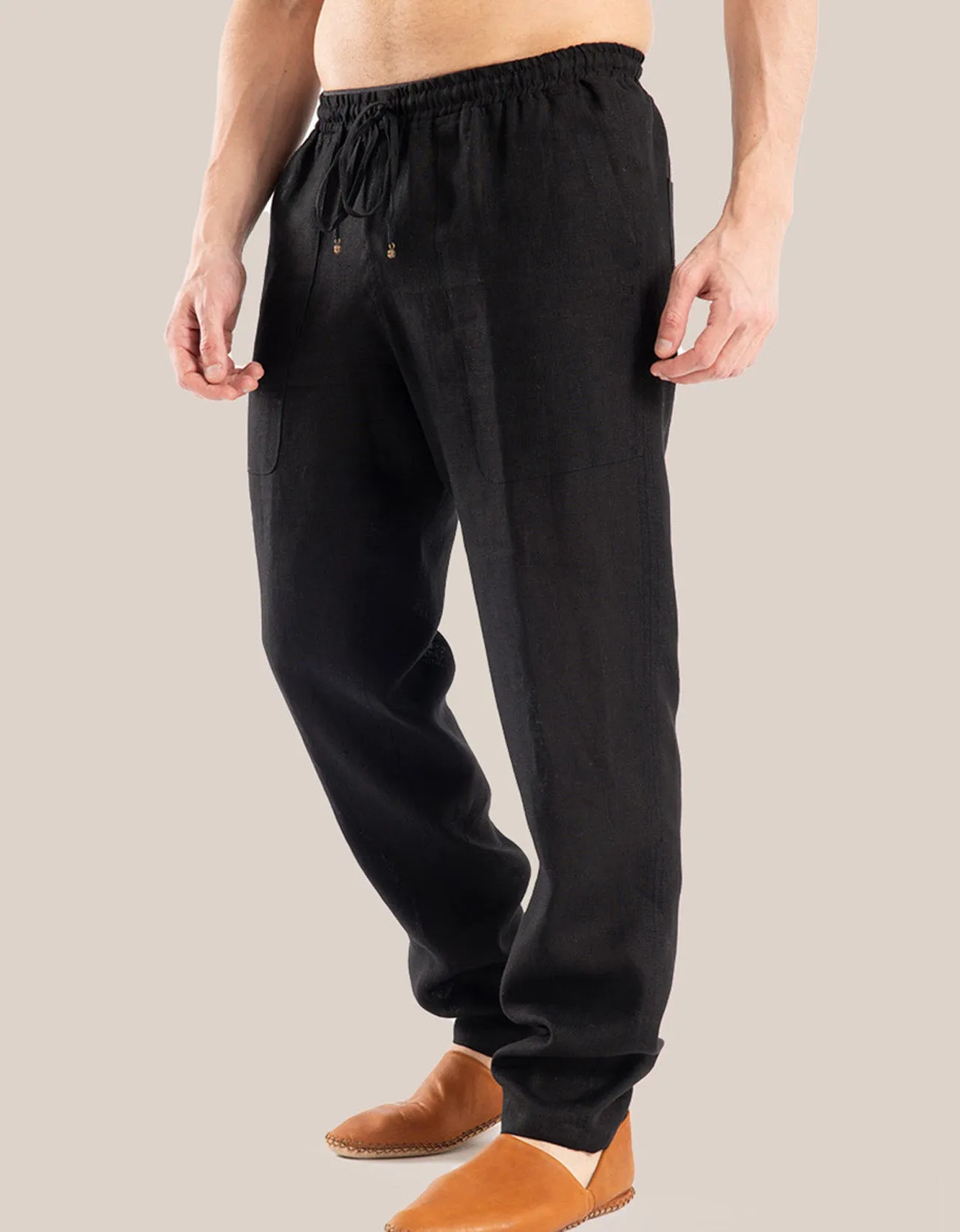 Straight leg linen pants with elastic waistline