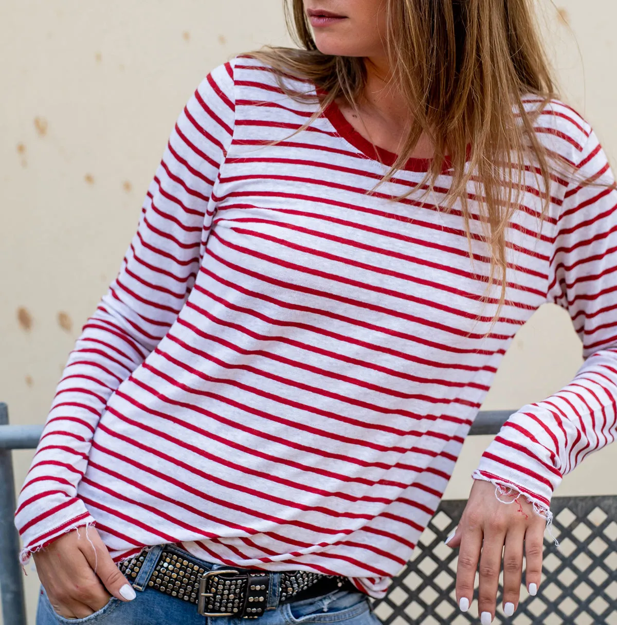 Striped Crew Long Sleeves Linen Tee-Shirt