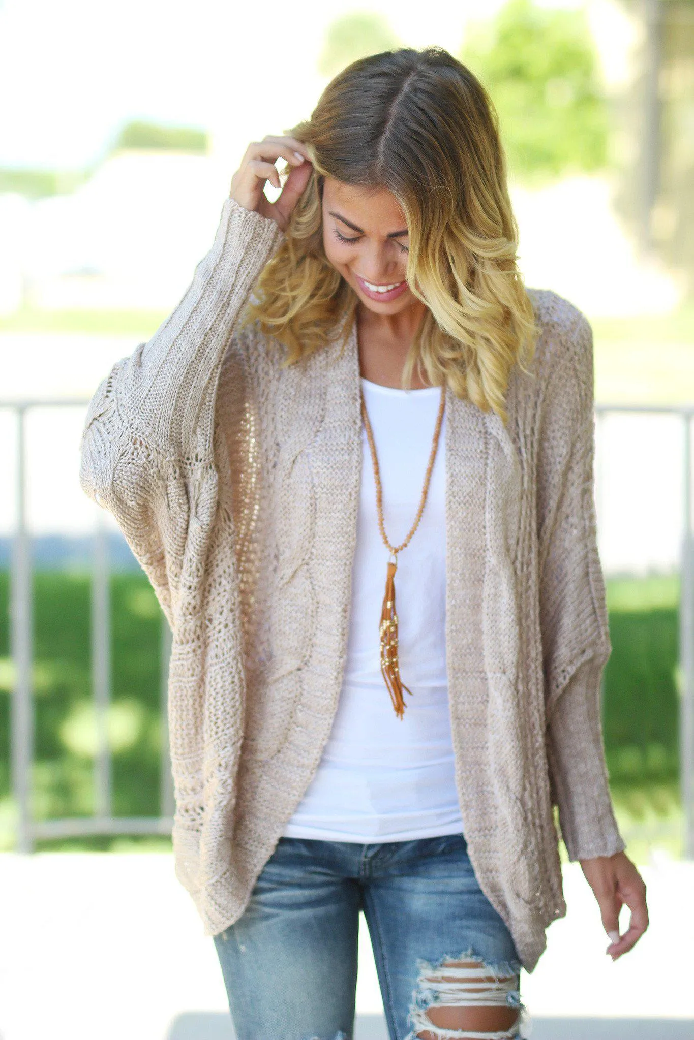 Taupe Knit Open Cardigan