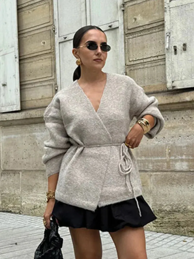 TAVIMART  -  Casual Solid Lace Up Knitted Cardigan Women Fashion V Neck Long Sleeve Loose Sweater Winter New Female Elegant Streetwear