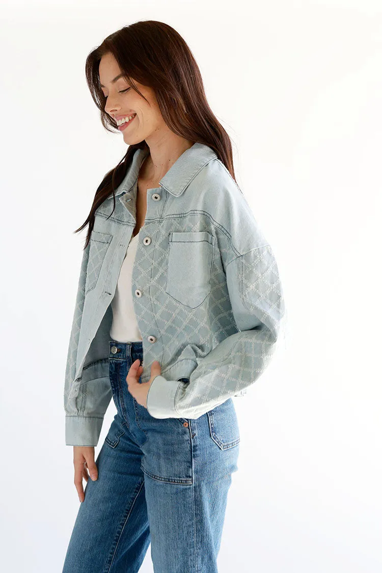 Textured Detail Light Wash Denim Jacket