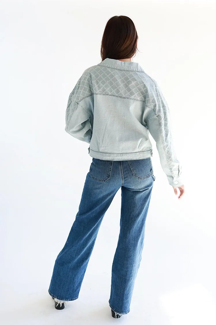 Textured Detail Light Wash Denim Jacket