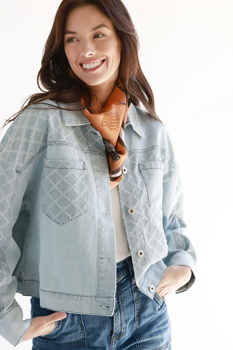 Textured Detail Light Wash Denim Jacket