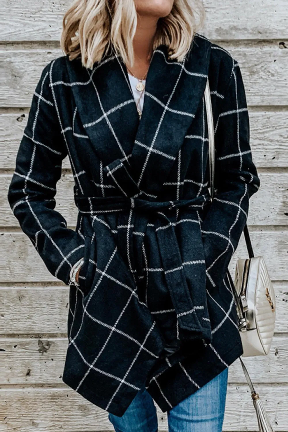 Tweed Belt Plaid Coat