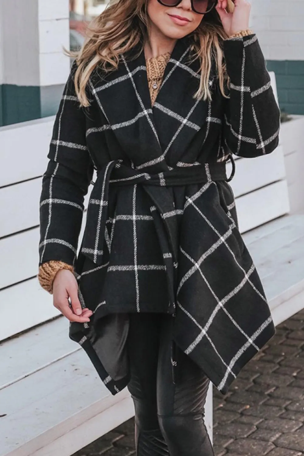 Tweed Belt Plaid Coat