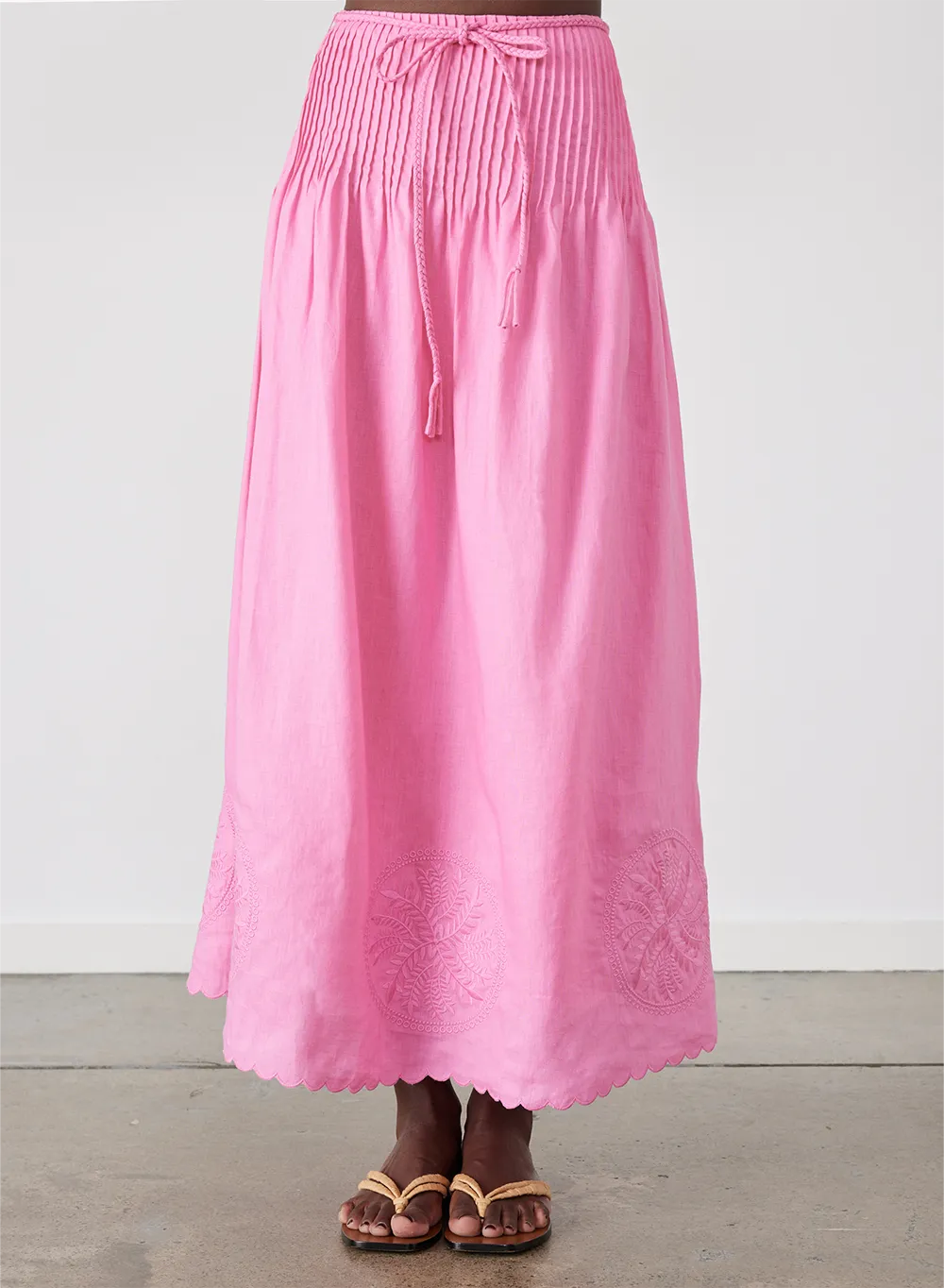 Vanessa Linen Maxi Embroidery Skirt | Dahlia Pink