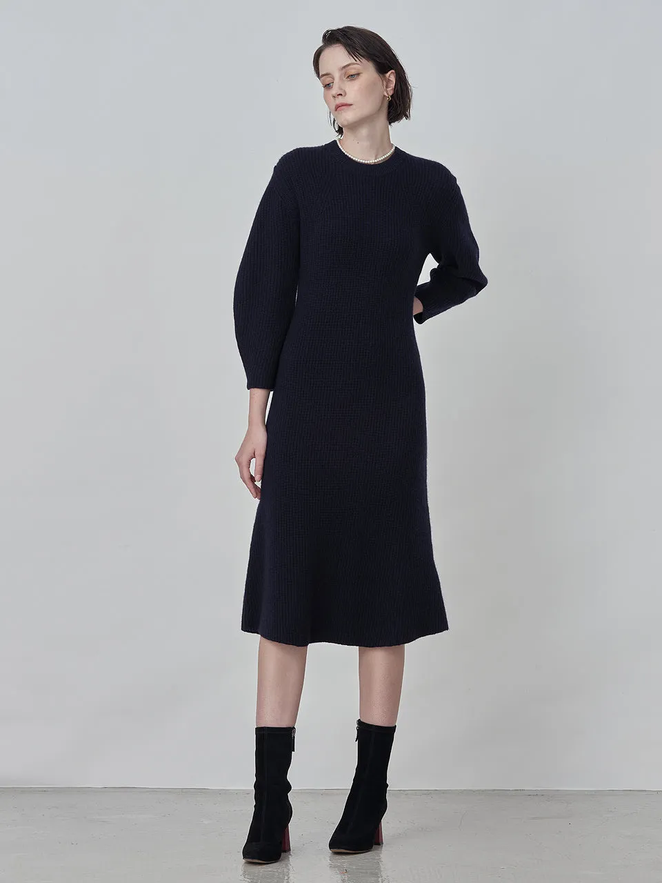 Volume Sleeve A Line Dress_Dark Navy