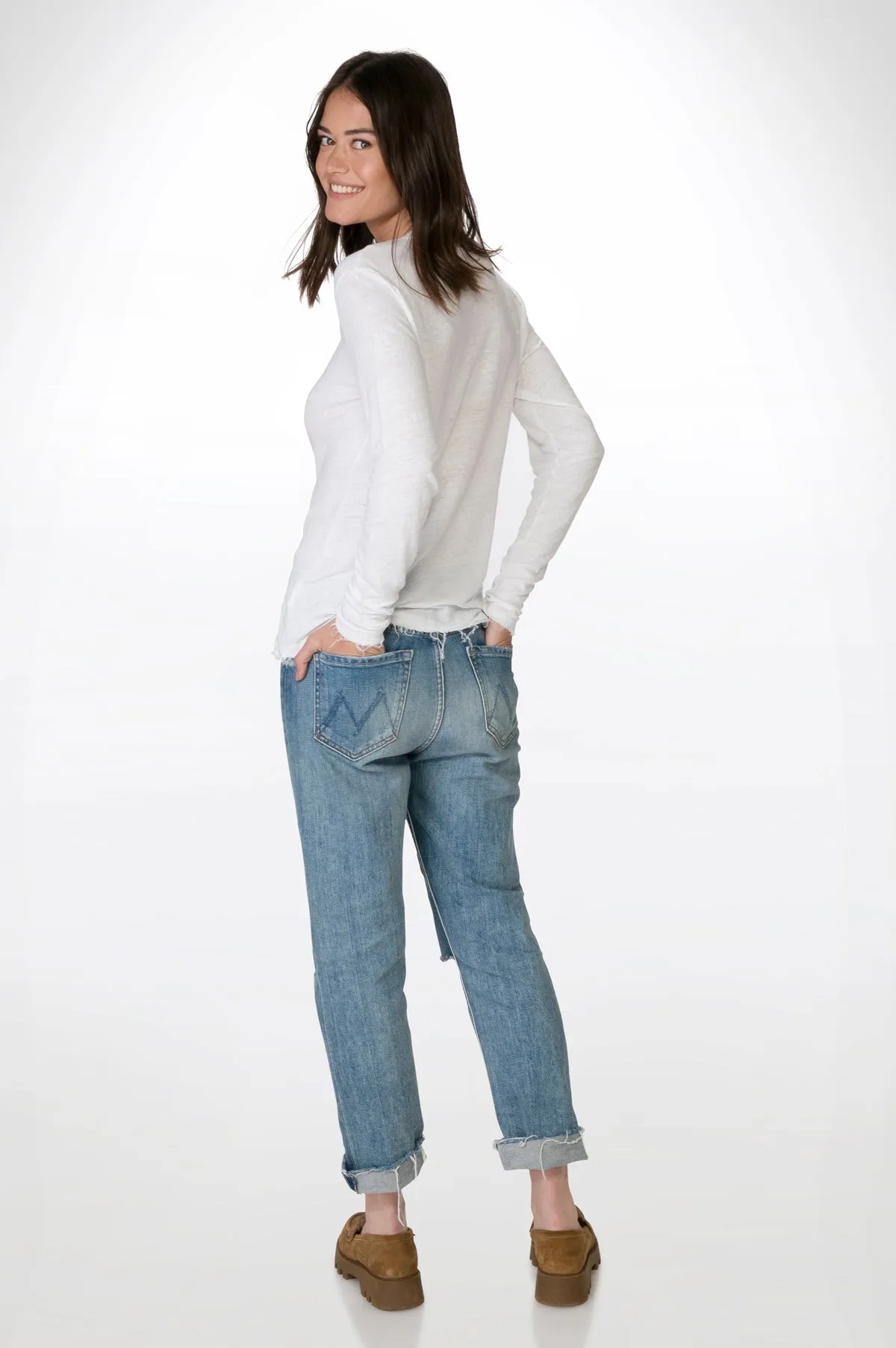 White V Neck Linen Tee Long Sleeve