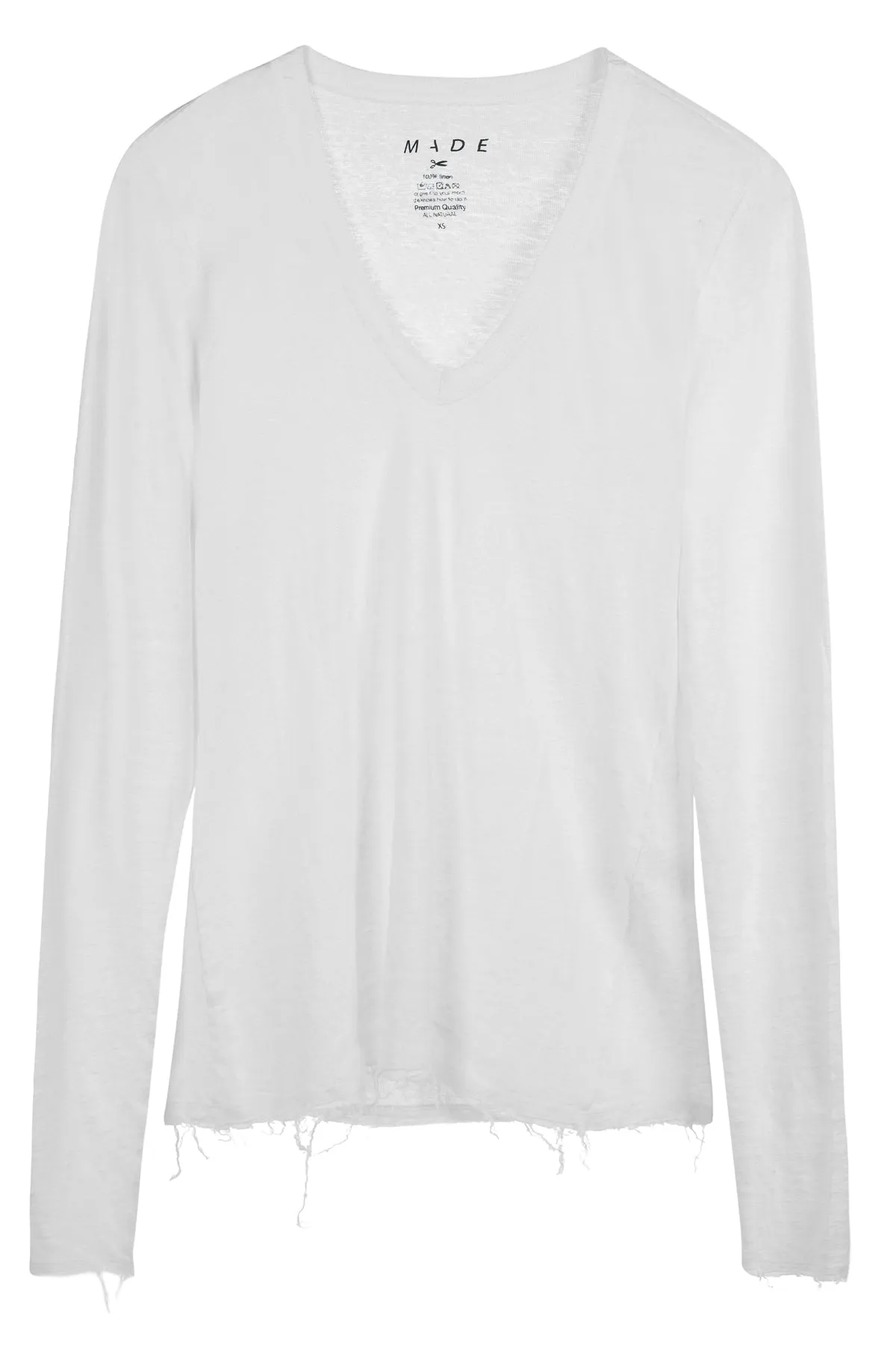 White V Neck Linen Tee Long Sleeve