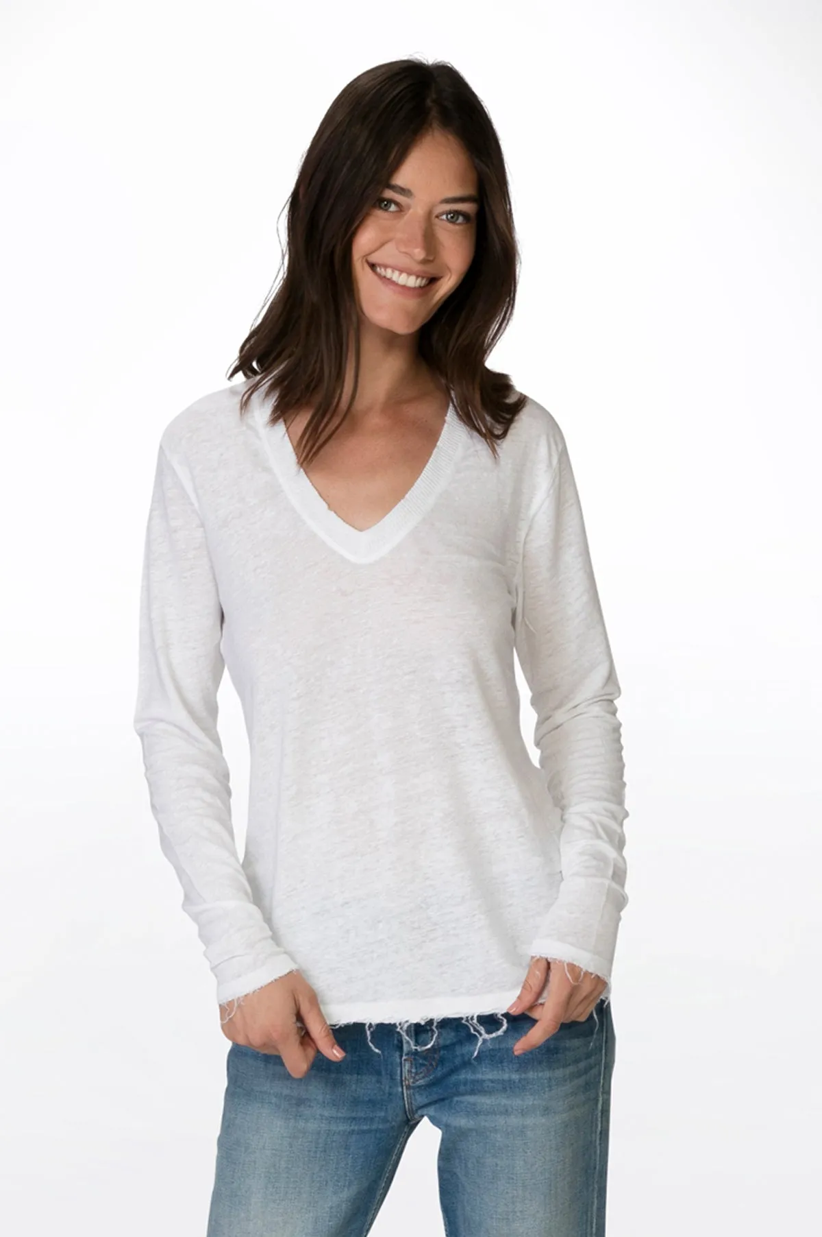 White V Neck Linen Tee Long Sleeve