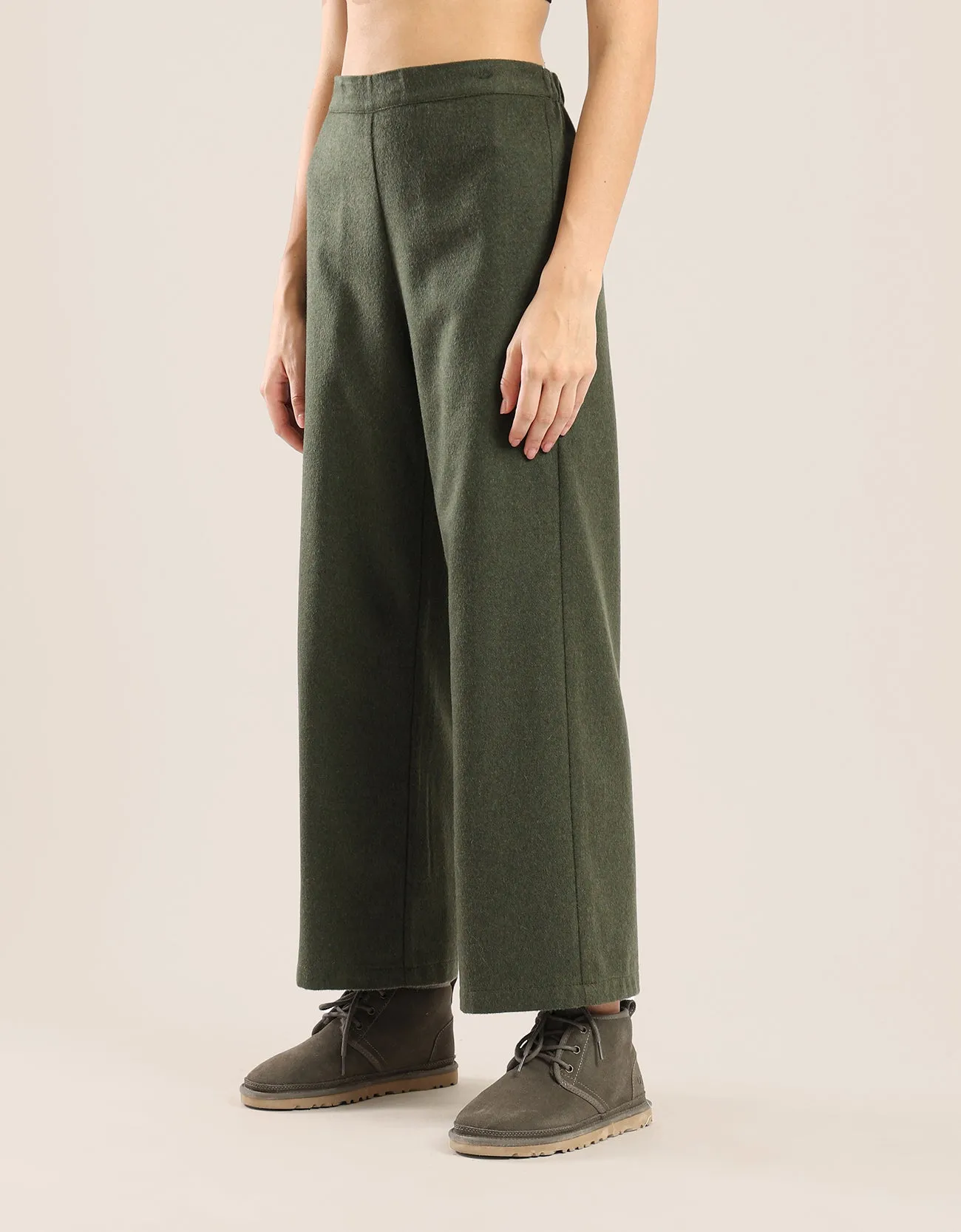 Wide leg pants in a wool blend and elastic on the back