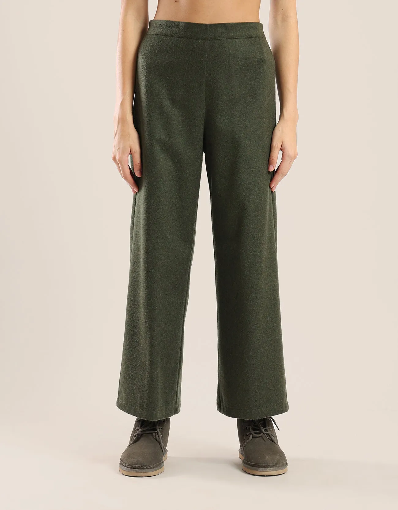 Wide leg pants in a wool blend and elastic on the back