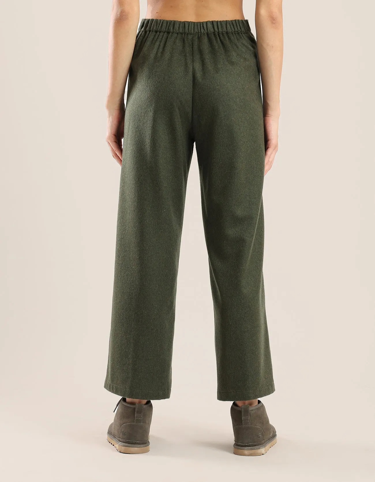 Wide leg pants in a wool blend and elastic on the back