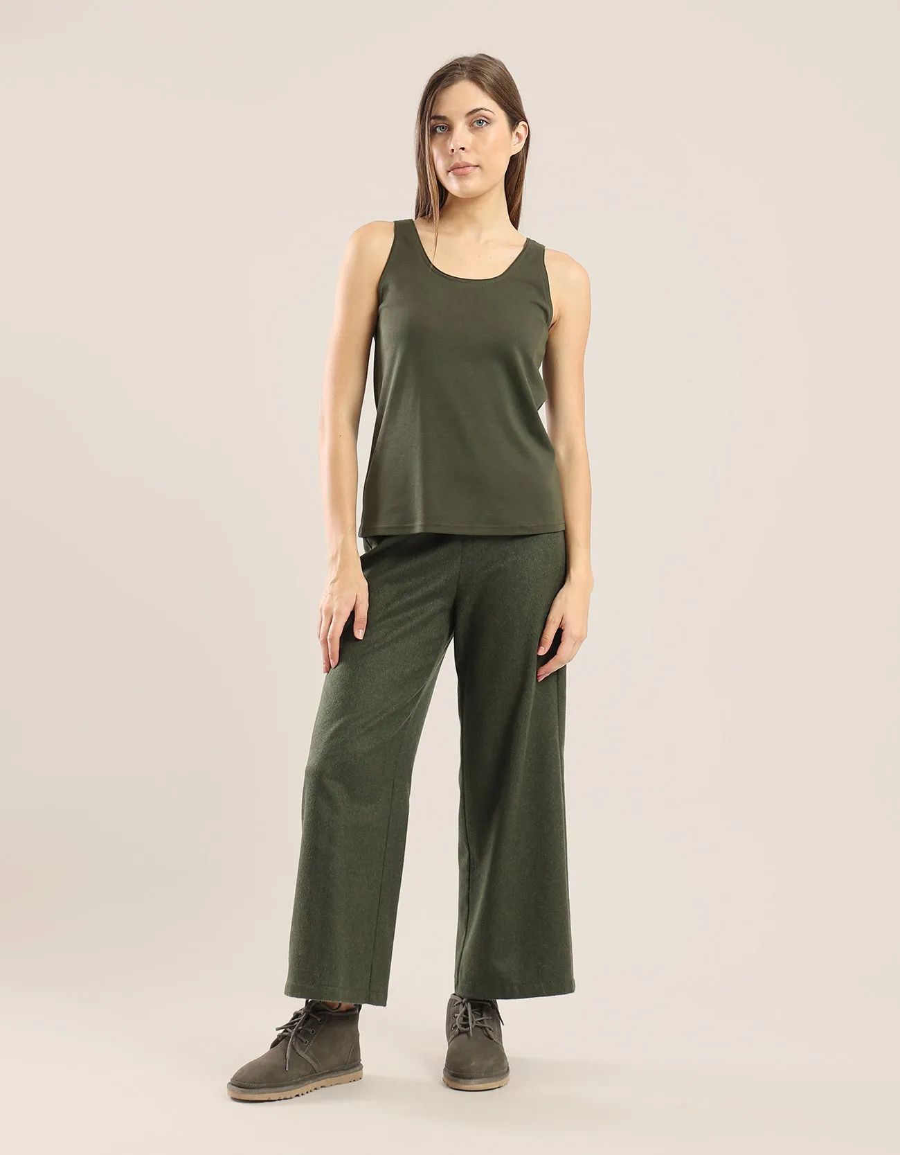 Wide leg pants in a wool blend and elastic on the back