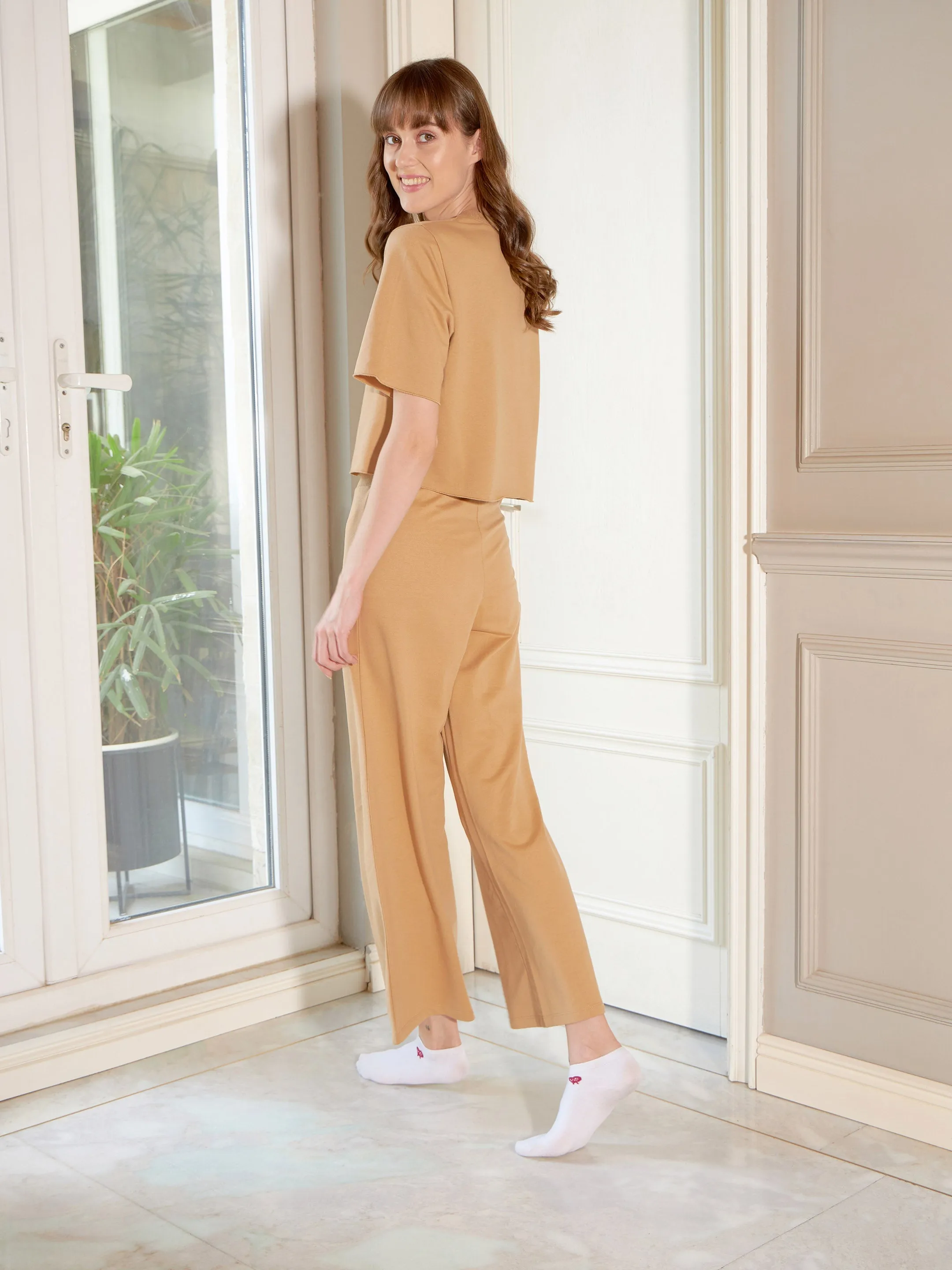 Women Beige Boss Terry Crop T-Shirt With Lounge Pants