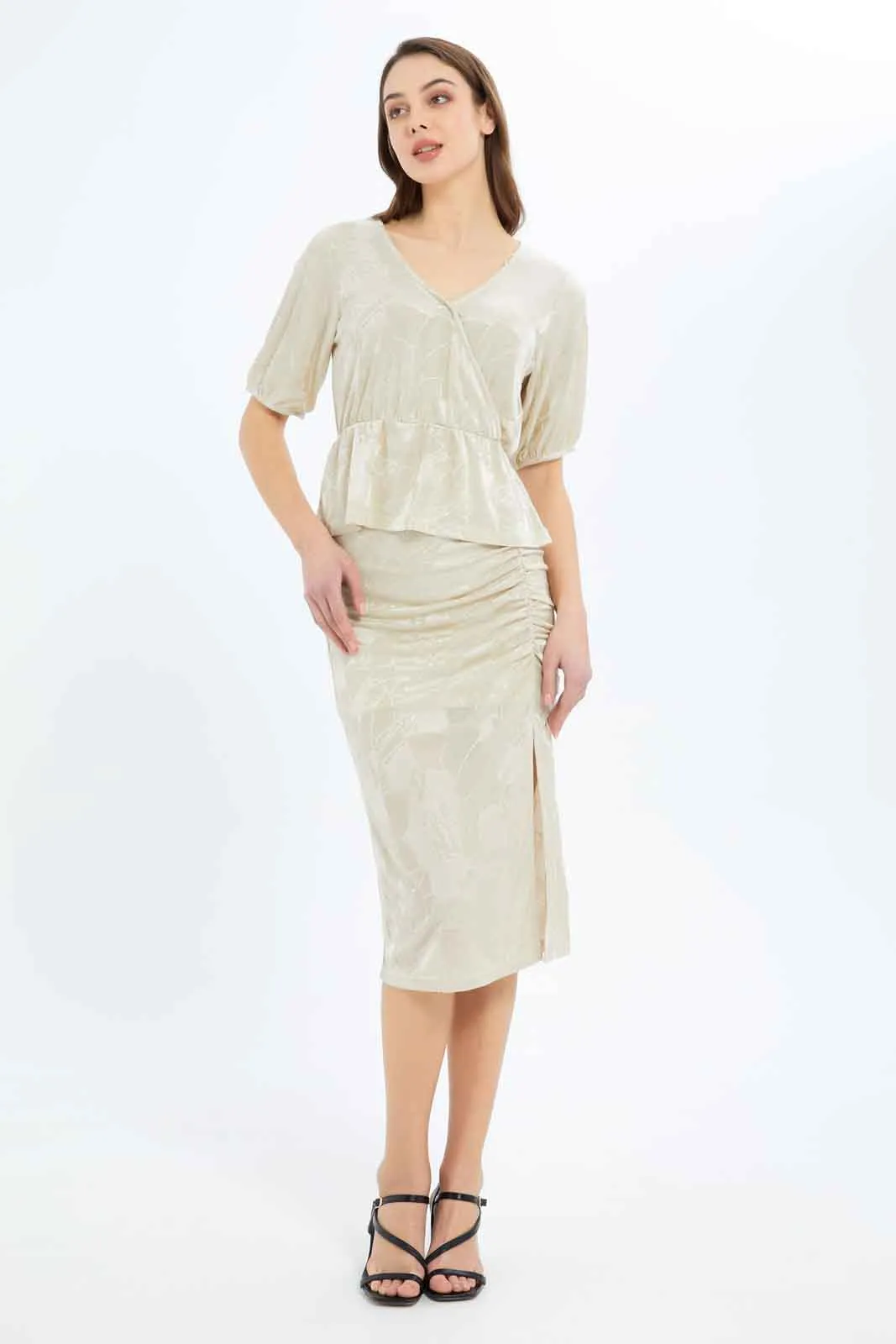 Women Beige Jacquard Ruched Skirt