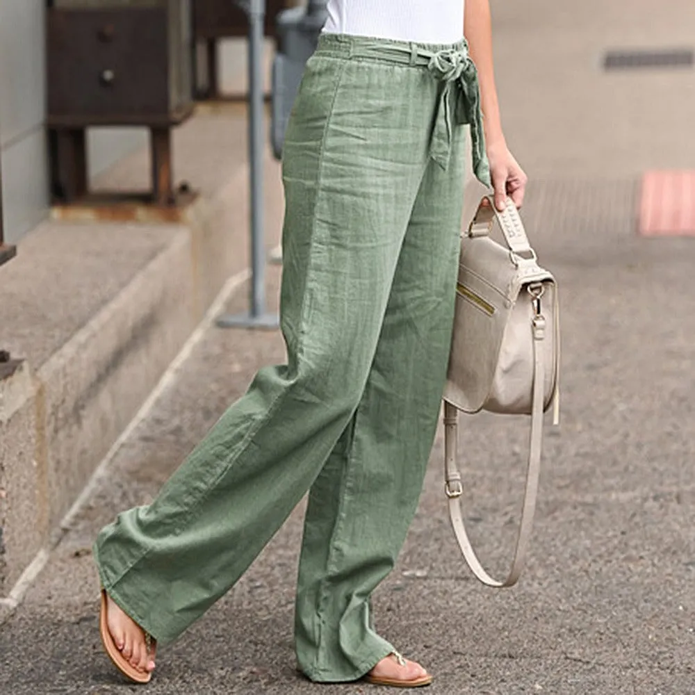 Women Elastic Lace Up Straight Pants