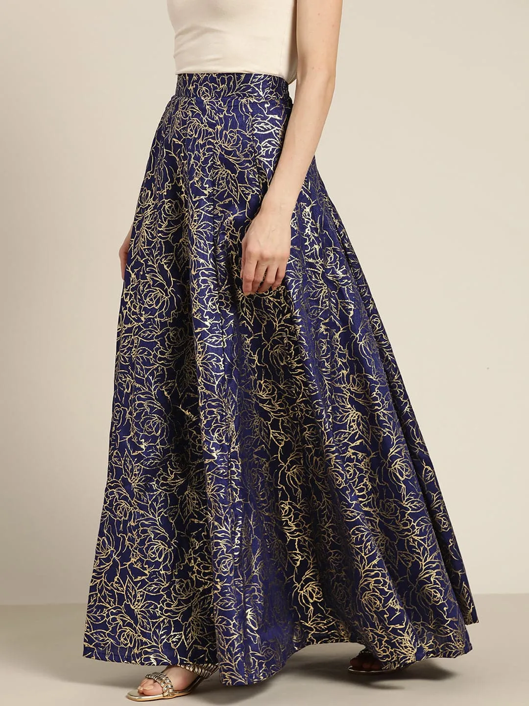 Women Navy Chanderi Foil Pocket Anarkali Skirt