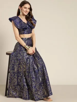 Women Navy Chanderi Foil Pocket Anarkali Skirt